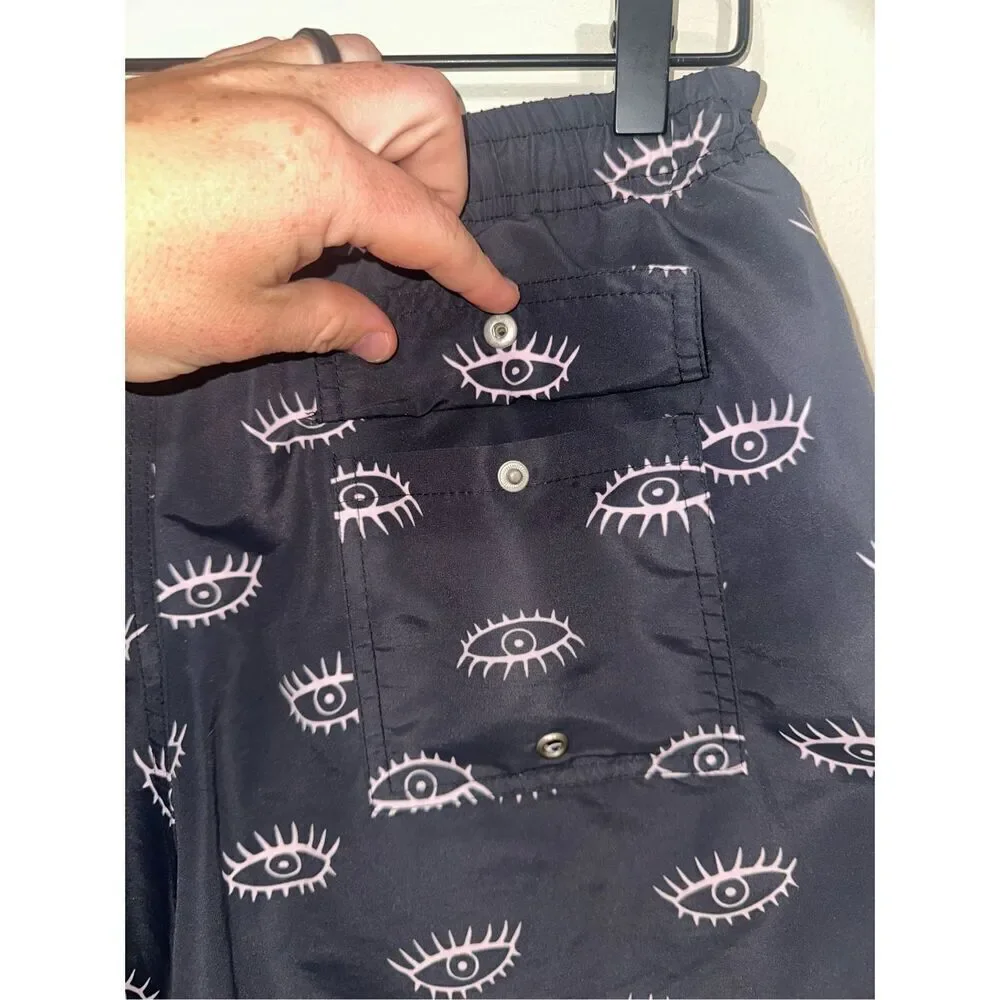 Mens Bather Swim Trunks Gray Pink Eyes Lined Medium